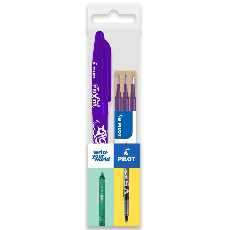 بايلوت قلم الكرة الدوارة القابل للمسح بالحرارة/الاحتكاك من بايلوت FR7 - خط متوسط ​​بطرف طرف 0.7 مم - حزمة وسادة مكونة من قلم واحد + 3 عبوات (بنفسجي) - Image 1